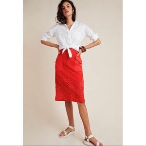 Anthropologie Orange Floral Eyelet Pencil Skirt